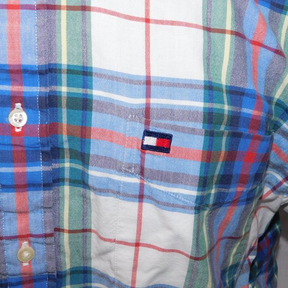 Vintage 90s Tommy Hilfiger Mens L Plaid Button Front Short Sleeve Shirt - Picture 4 of 10